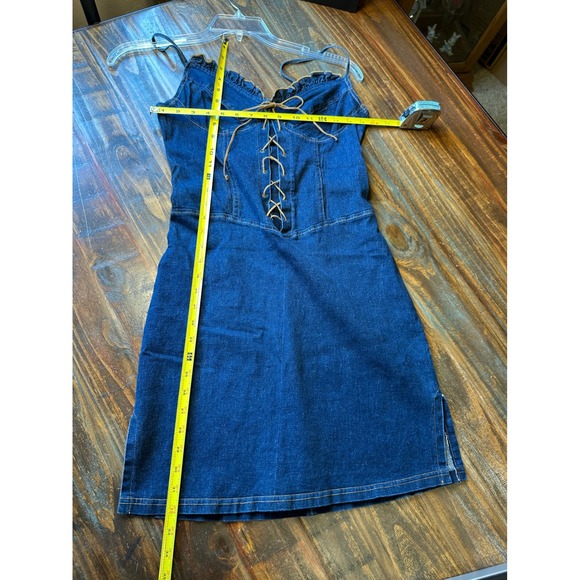 GAS CO Vintage Denim Corset Mini Dress Dark Wash Lace Up Western Blue Size 11 - Picture 2 of 11
